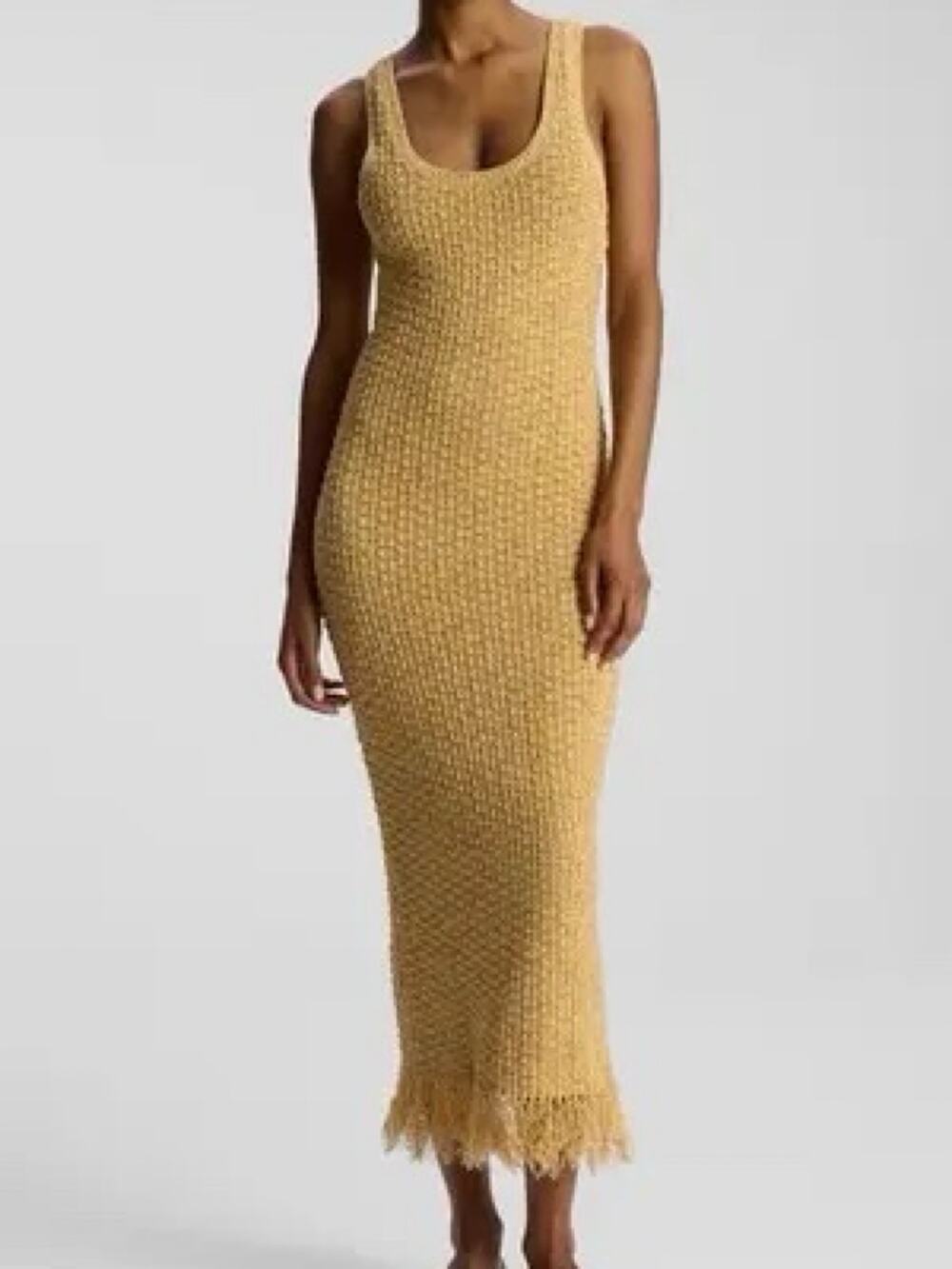 A.L.C. Clementine Sand Yellow Open Knit Fringe Hem Scoop Neck Tank Midi Dress S